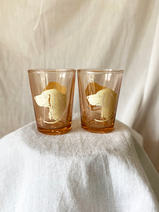 70s Peach Glass Spaniel Shot Glass Pair